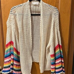 Anthropologie Cream Open Knit Cardigan with Rainbow Stripe Sleeves